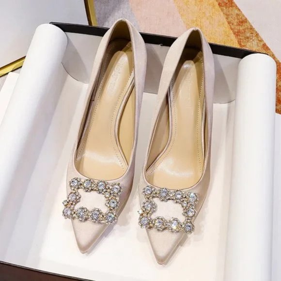 Rhinestone satin point-toe pumps - Picture 3 of 7